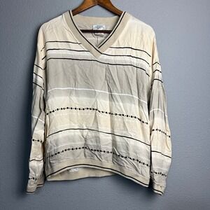 Vtg The Womens Golf Catalog Long Sleeve V Neck Top Striped Beige‎ Black Dot L
